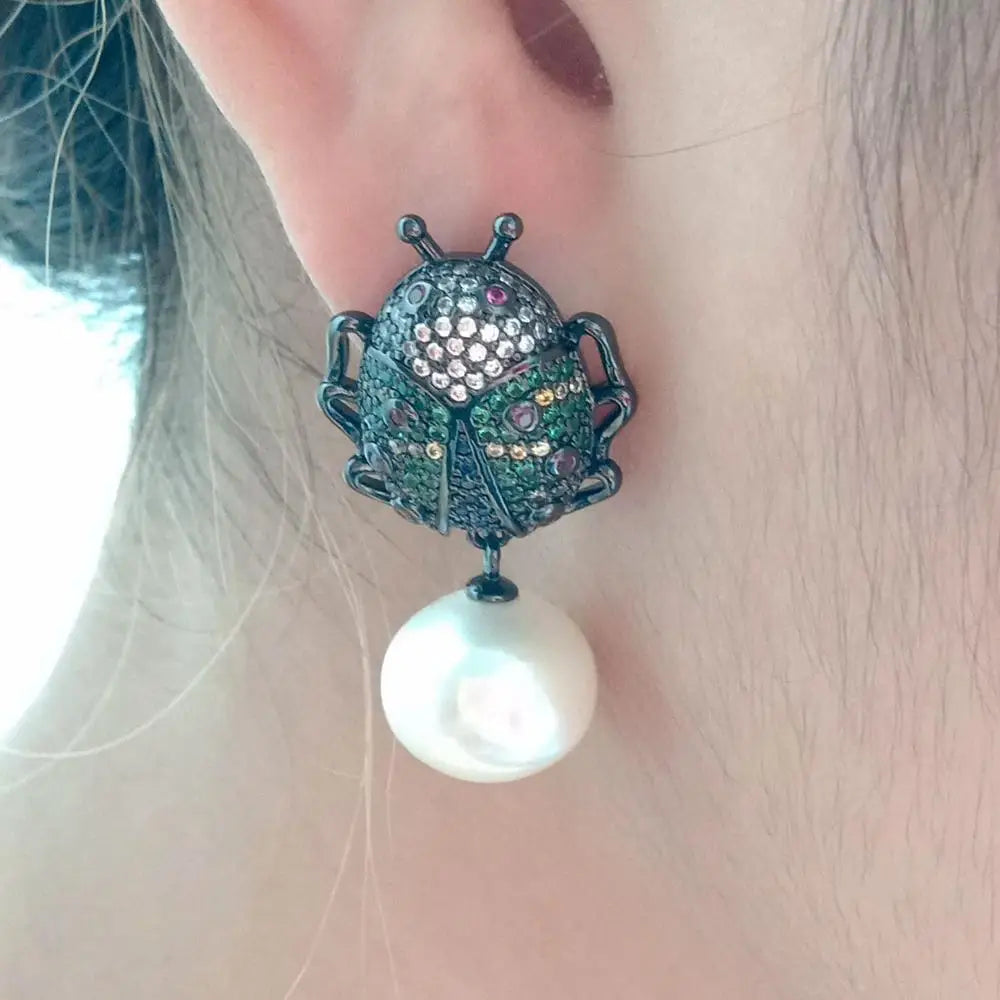 10x12mm White freshwater Pearl gunmetal color plated cubic zirconia micro pave Beetle Earrings animal earrings for women