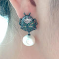 10x12mm White freshwater Pearl gunmetal color plated cubic zirconia micro pave Beetle Earrings animal earrings for women