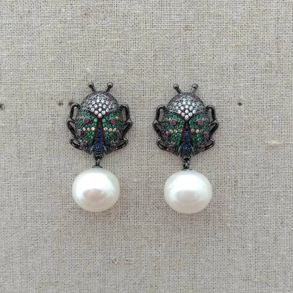 10x12mm White freshwater Pearl gunmetal color plated cubic zirconia micro pave Beetle Earrings animal earrings for women