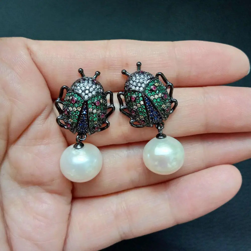 10x12mm White freshwater Pearl gunmetal color plated cubic zirconia micro pave Beetle Earrings animal earrings for women