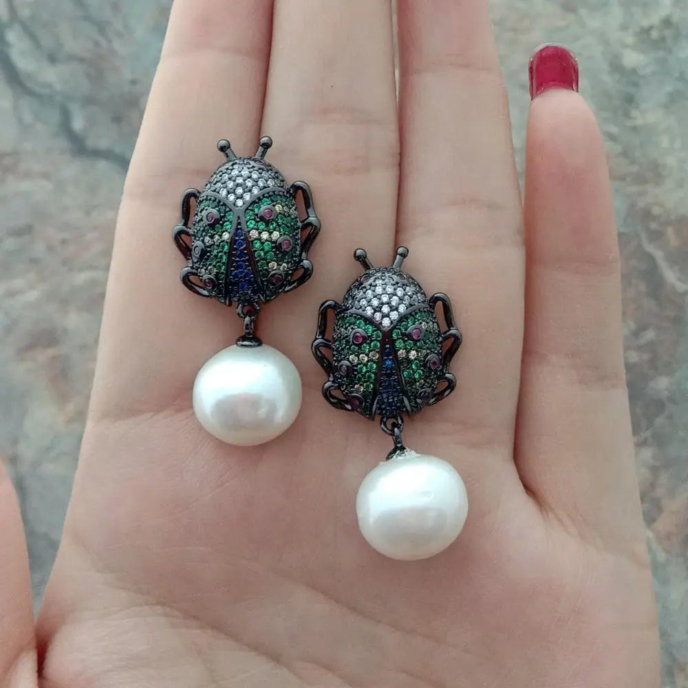 10x12mm White freshwater Pearl gunmetal color plated cubic zirconia micro pave Beetle Earrings animal earrings for women