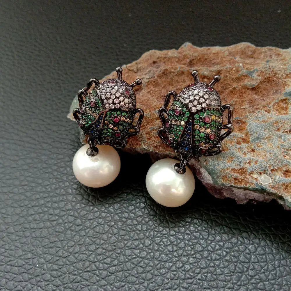 10x12mm White freshwater Pearl gunmetal color plated cubic zirconia micro pave Beetle Earrings animal earrings for women