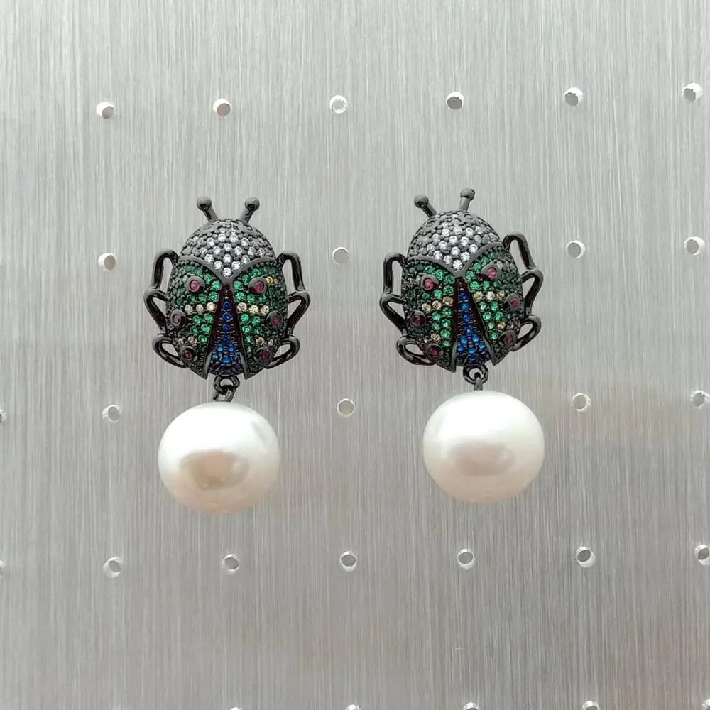10x12mm White freshwater Pearl gunmetal color plated cubic zirconia micro pave Beetle Earrings animal earrings for women