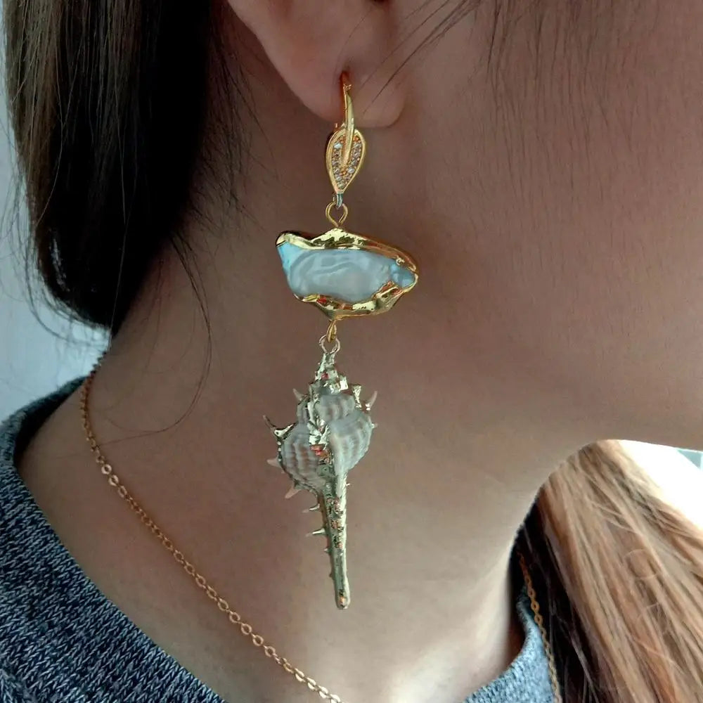 Yellow gold color Plated White Biwa Pearl Sea Snail shell drop dangle Earrings punk style for women
