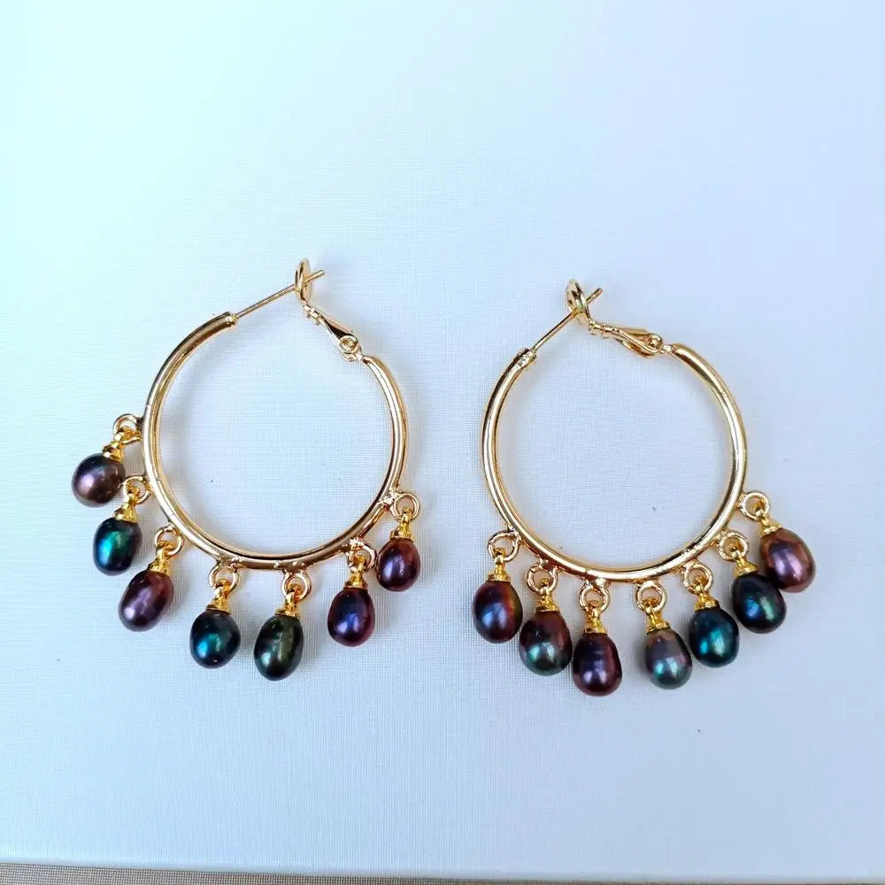 Freshwater Culture Black Rice Pearl Gold color Plated Hoop Earrings luxury jewelry women gift birthday
