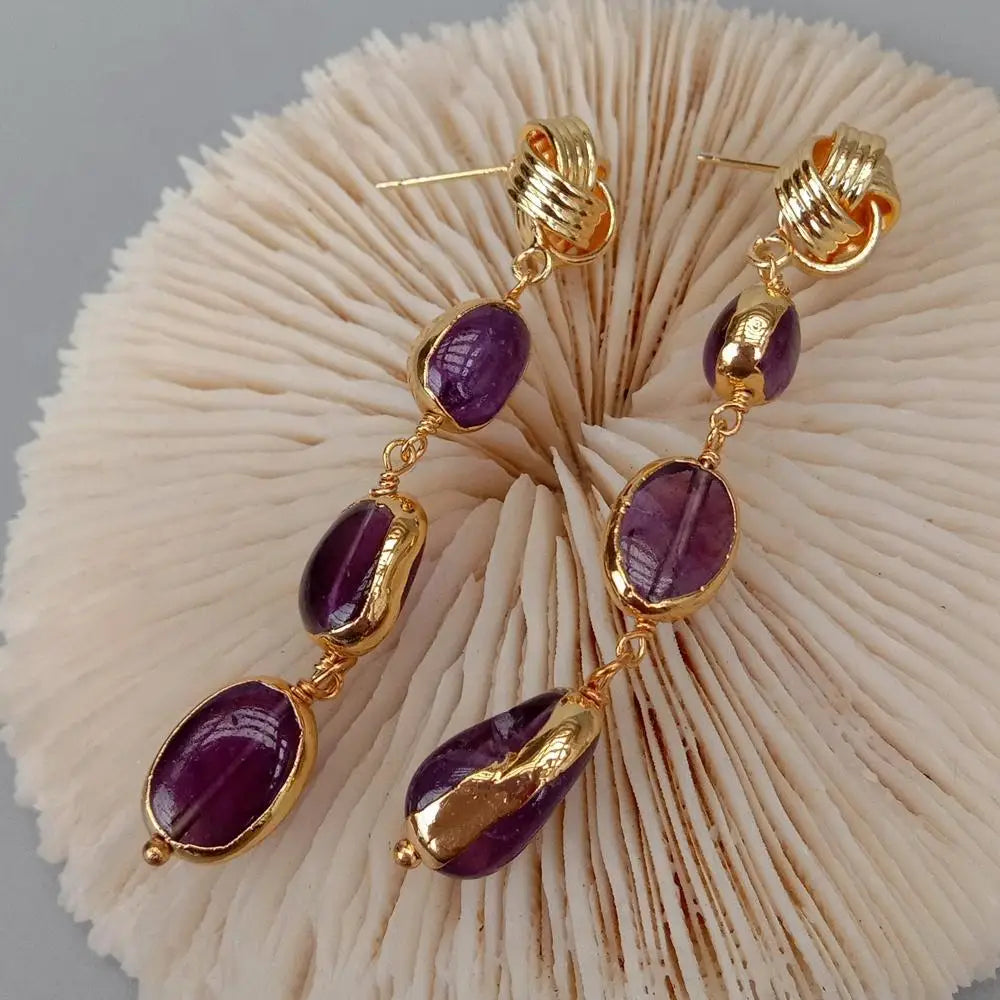 Natural Purple Amethyst Freeform With Electroplated Dangle Earrings