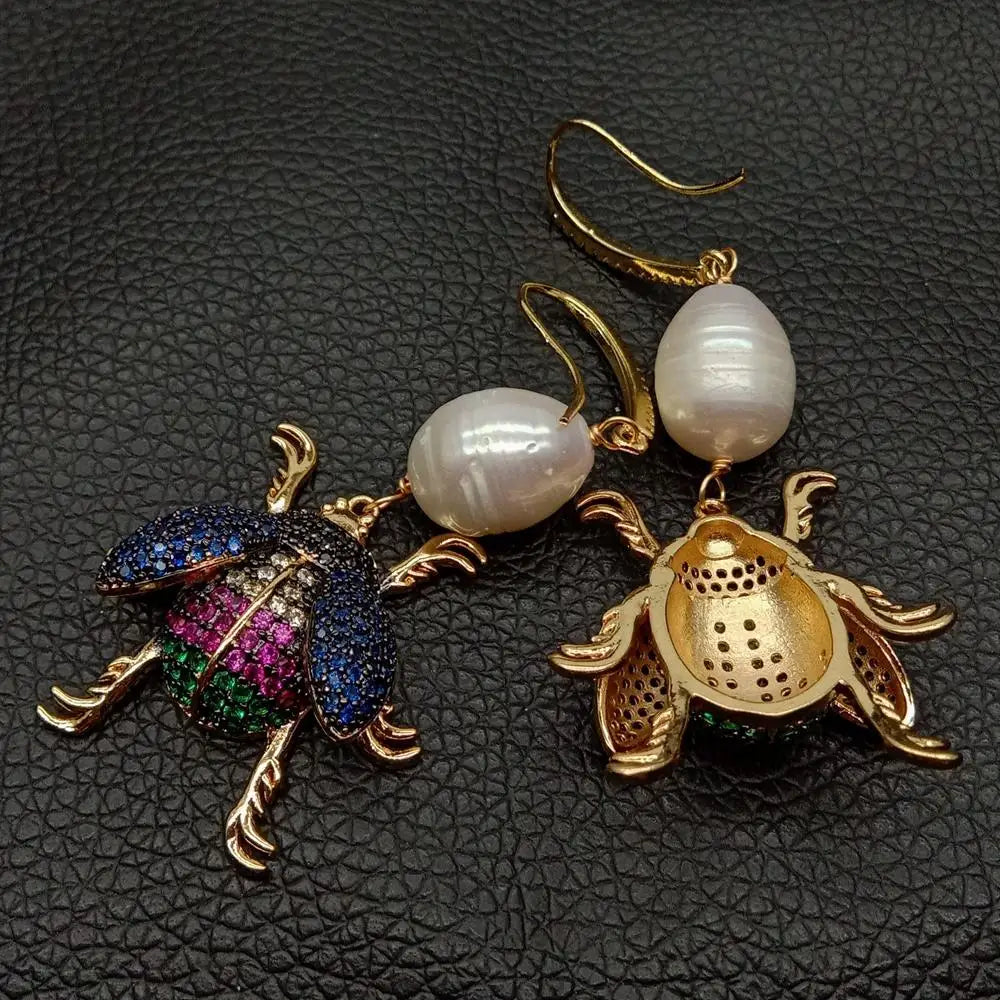 Natural Cultured White Rice freshwater Pearl Insect Cz Pave Hook Dangle Earrings  vintage style for women