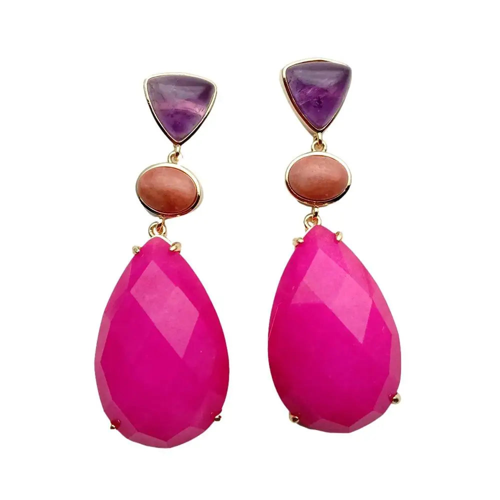 Fuchsia Jade Amethyst Red Aventurine Bezel Set Gemstone Dangle Earrings