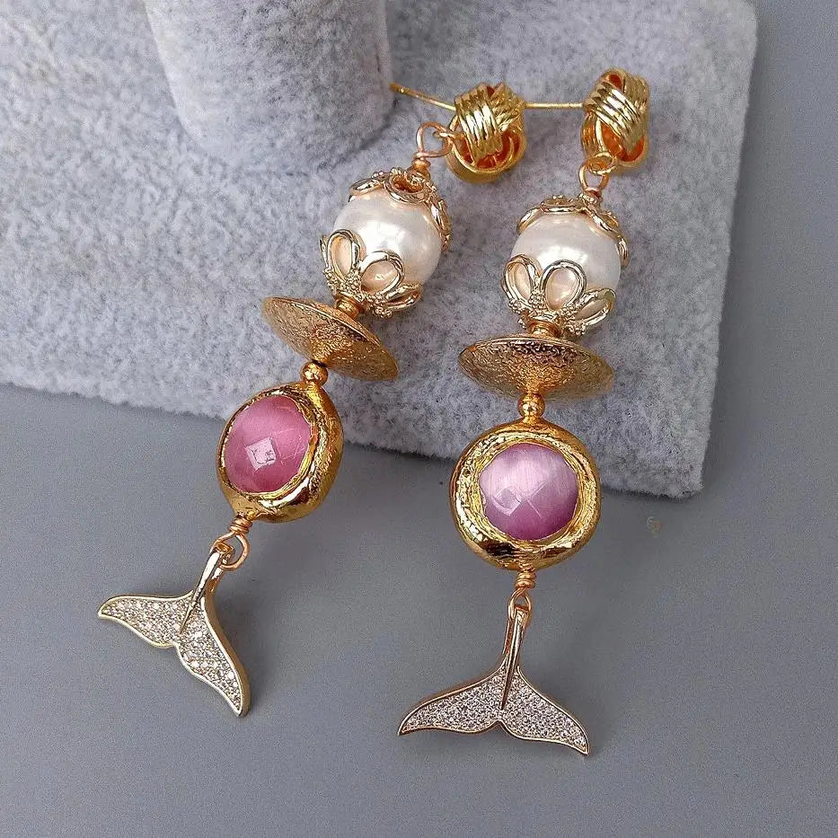 White Sea Shell Pearl Pink Cat Eye Cz Pave Fish Tail Drop Stud Earrings