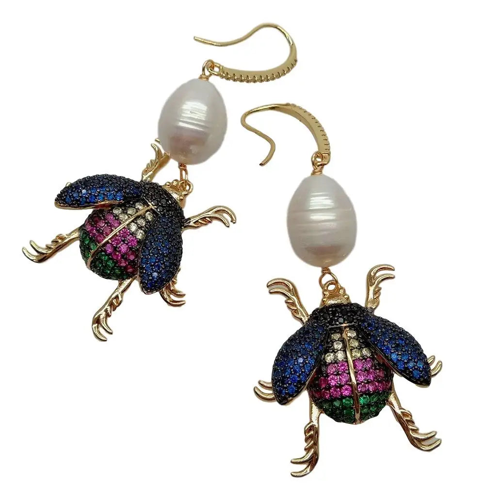 Natural Cultured White Rice freshwater Pearl Insect Cz Pave Hook Dangle Earrings  vintage style for women