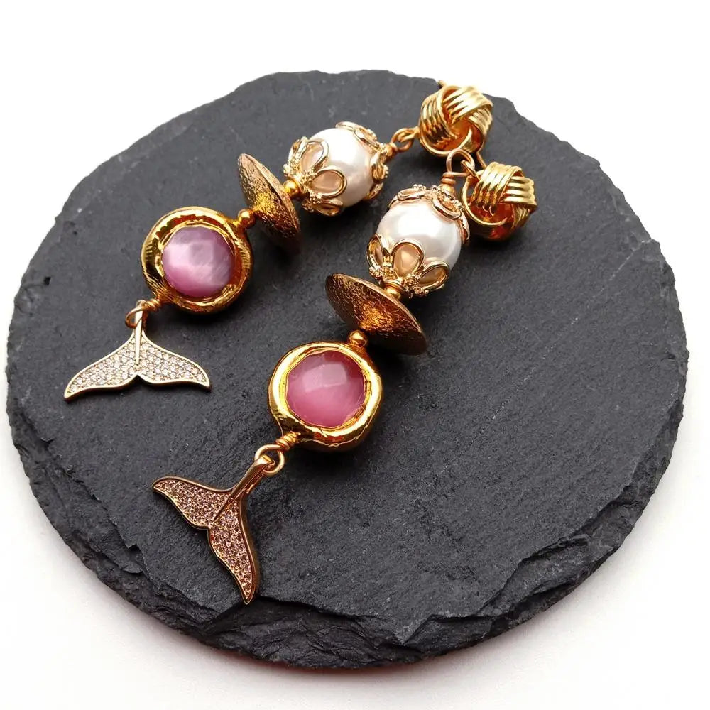 White Sea Shell Pearl Pink Cat Eye Cz Pave Fish Tail Drop Stud Earrings