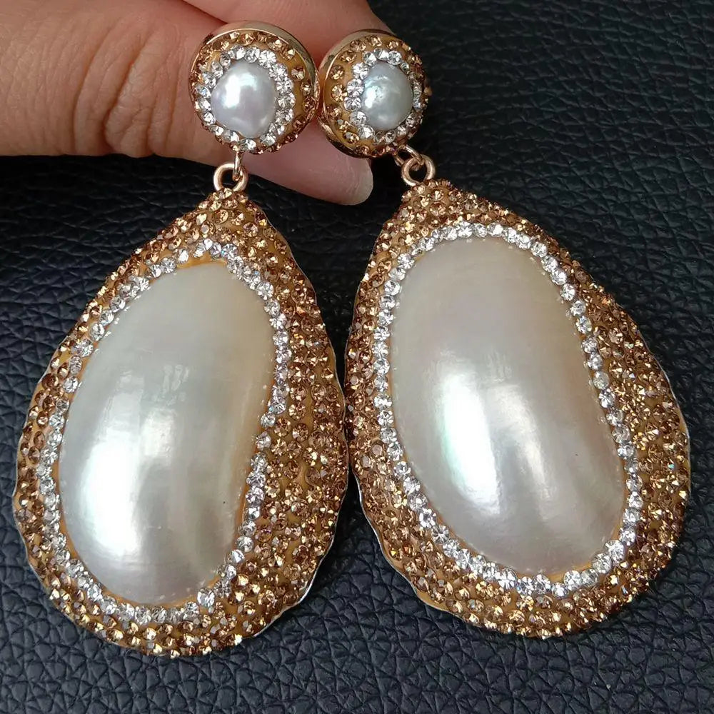 33x45MM White Mother Of Pearl Freshwater White Pearl Stud Earrings cz pave Women Fashion Jewelry Wedding Gift Wholesale