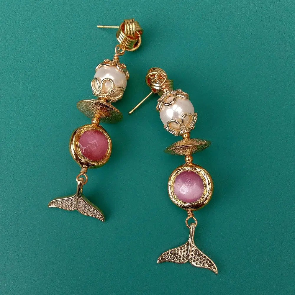 White Sea Shell Pearl Pink Cat Eye Cz Pave Fish Tail Drop Stud Earrings