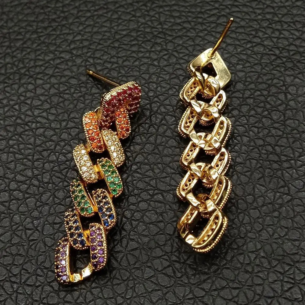 Multi Color Cubic Zirconia micro Pave square Chain Link Drop Stud Earrings  Gold Color plated luxury style for women