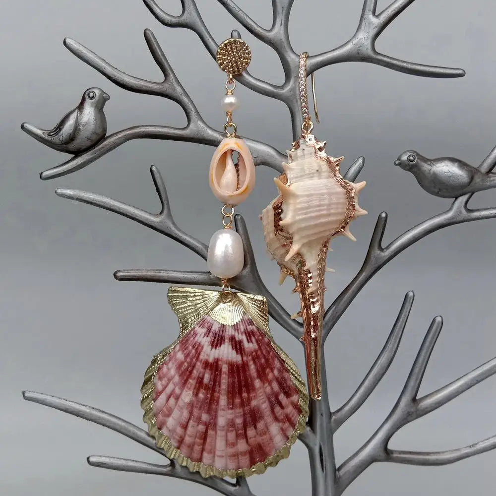 Natural Sea Shell White Rice Pearl Asymmetric Dangle Stud Earrings