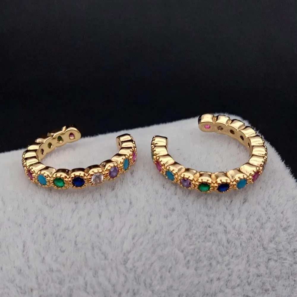 1 pair Pastel rainbow cz circle ear cuff gold color no piercing clip on earring