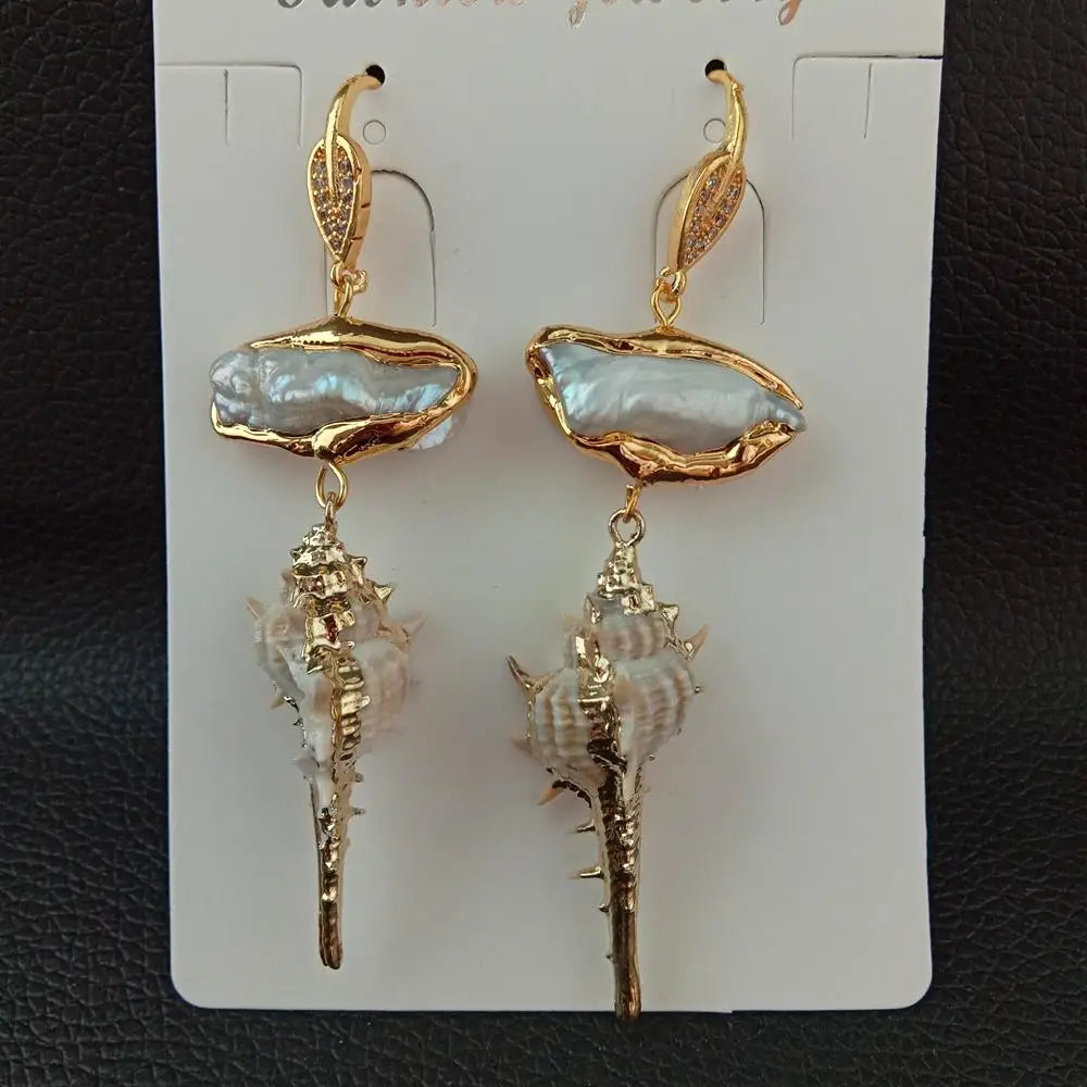 Yellow gold color Plated White Biwa Pearl Sea Snail shell drop dangle Earrings punk style for women