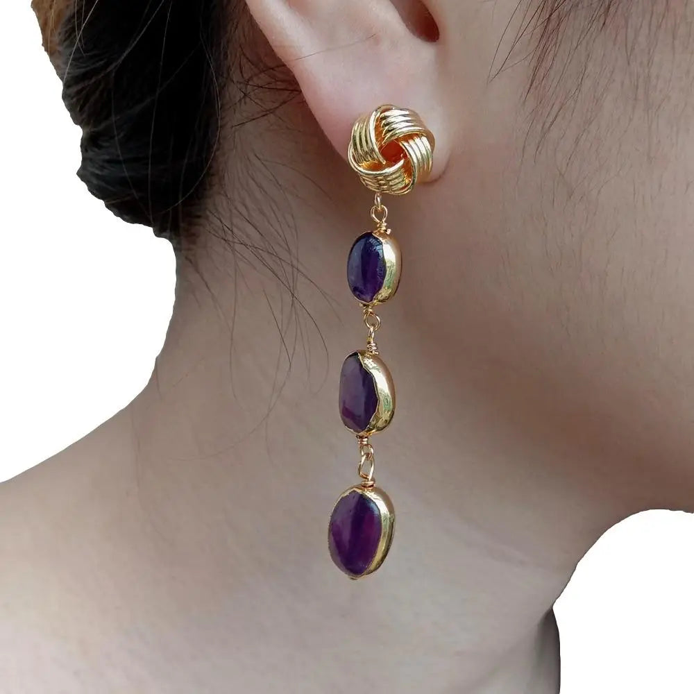 Natural Purple Amethyst Freeform With Electroplated Dangle Earrings