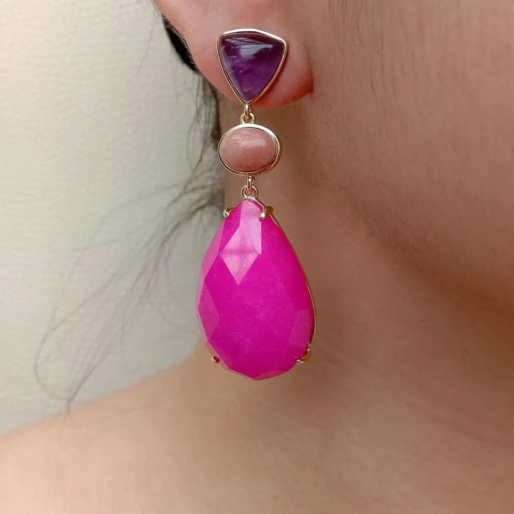 Fuchsia Jade Amethyst Red Aventurine Bezel Set Gemstone Dangle Earrings