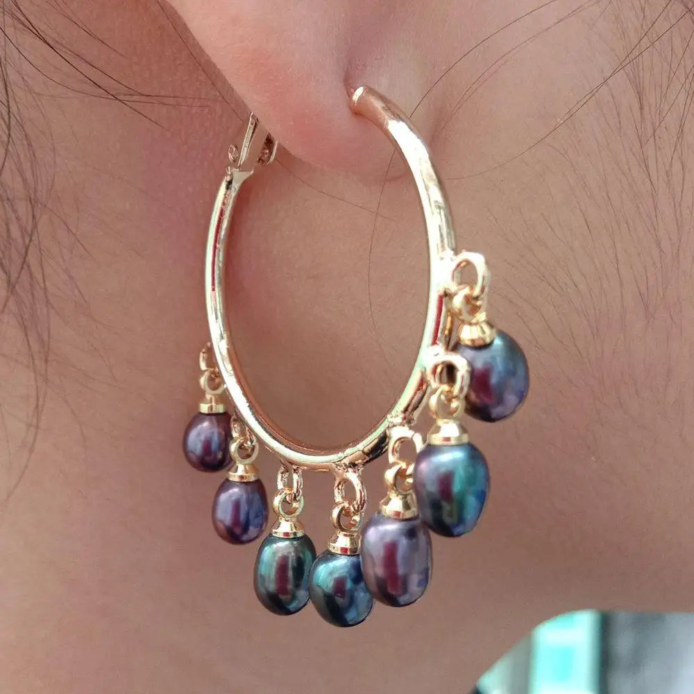 Freshwater Culture Black Rice Pearl Gold color Plated Hoop Earrings luxury jewelry women gift birthday