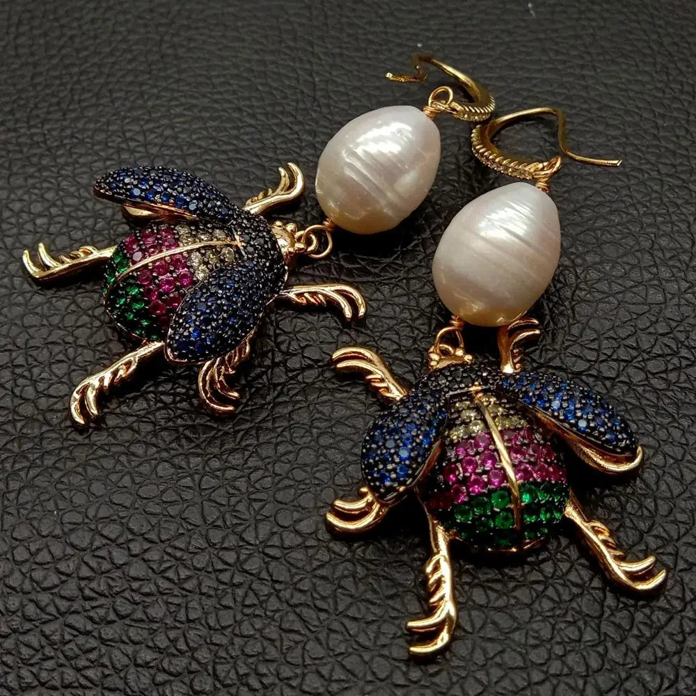 Natural Cultured White Rice freshwater Pearl Insect Cz Pave Hook Dangle Earrings  vintage style for women