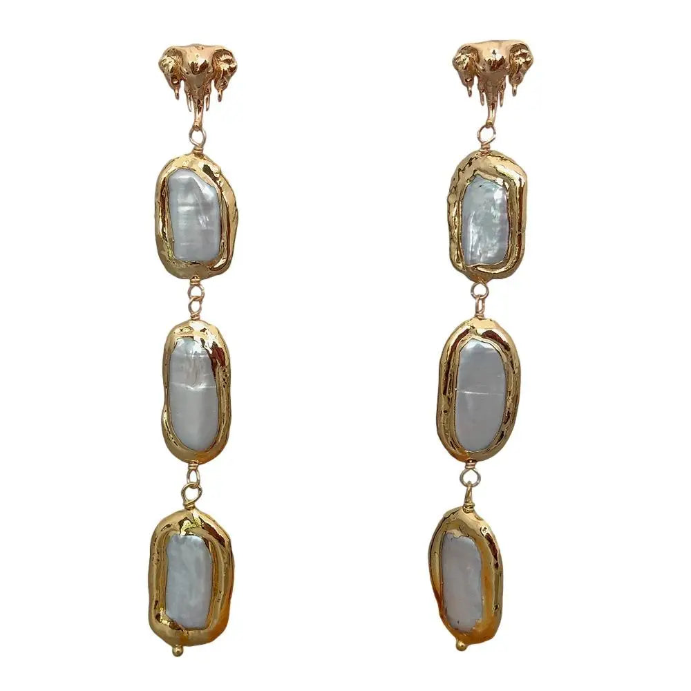 Cultured White Biwa Pearl With Electroplated Edge Dangle Stud Earrings