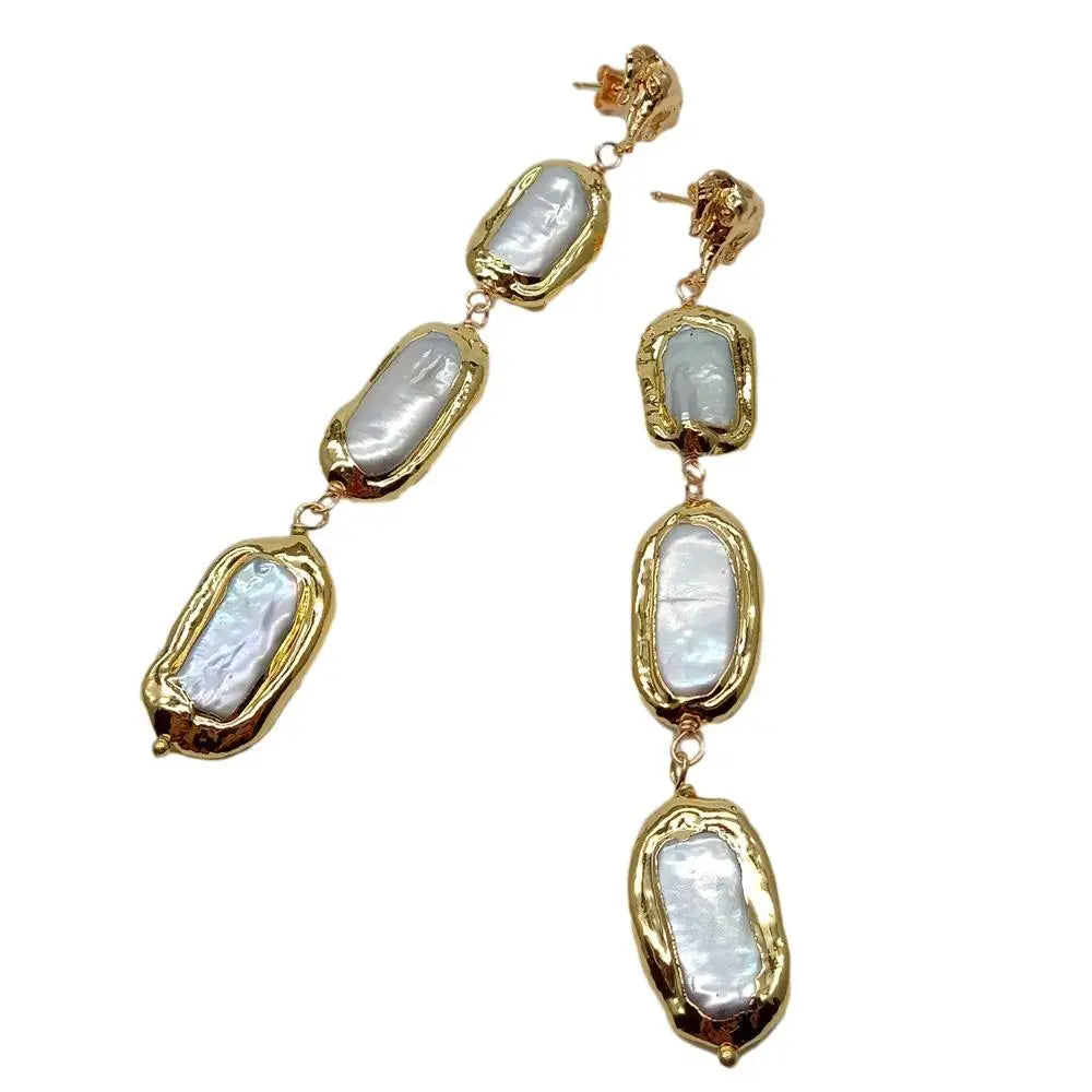 Cultured White Biwa Pearl With Electroplated Edge Dangle Stud Earrings