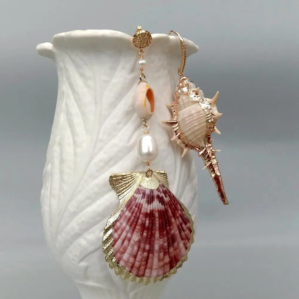 Natural Sea Shell White Rice Pearl Asymmetric Dangle Stud Earrings