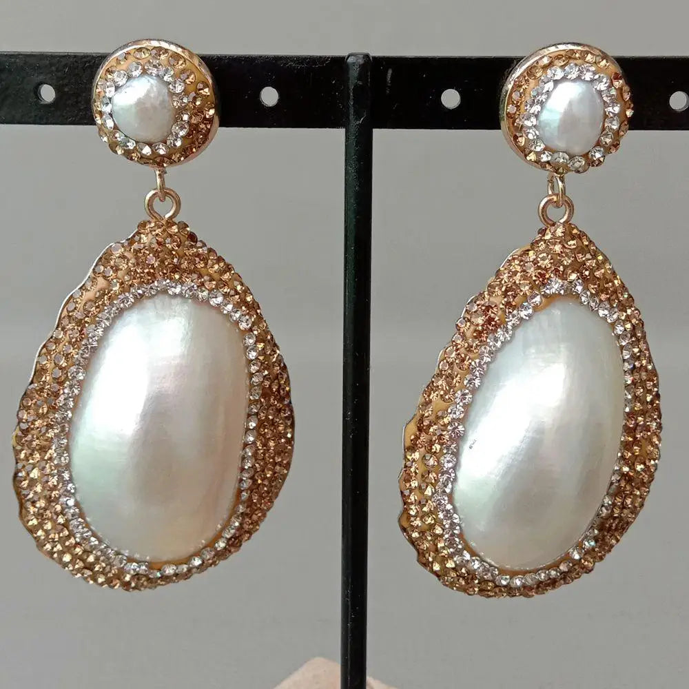 33x45MM White Mother Of Pearl Freshwater White Pearl Stud Earrings cz pave Women Fashion Jewelry Wedding Gift Wholesale