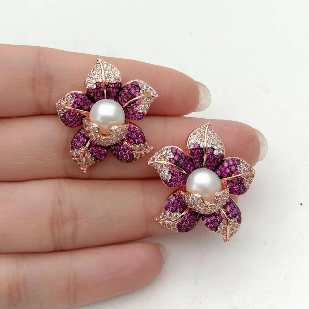 Cubic Zirconia micro Pave Pearl Earrings White freshwater Pearl Rose Gold  color Plated Cz Flower Stud Earrings cute for women
