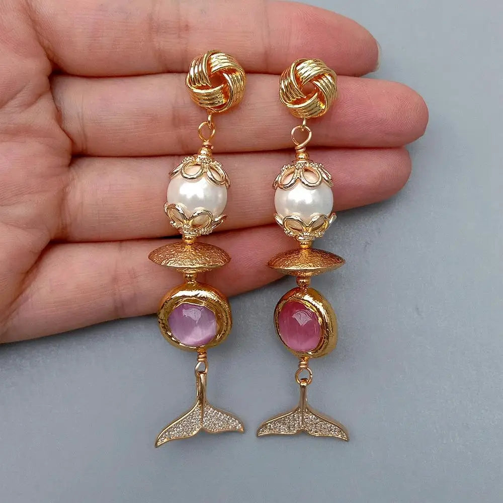 White Sea Shell Pearl Pink Cat Eye Cz Pave Fish Tail Drop Stud Earrings