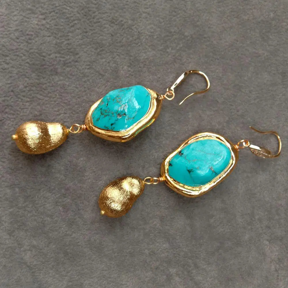 Blue Turquoise Freeform Shape Gold Plated Brushed Bead Dangle Hook Earrings
