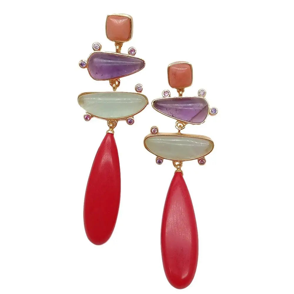 Red Turquoises teardrop Natural  Prehnites Amethysts Cz pave gold color plated  stud Earring