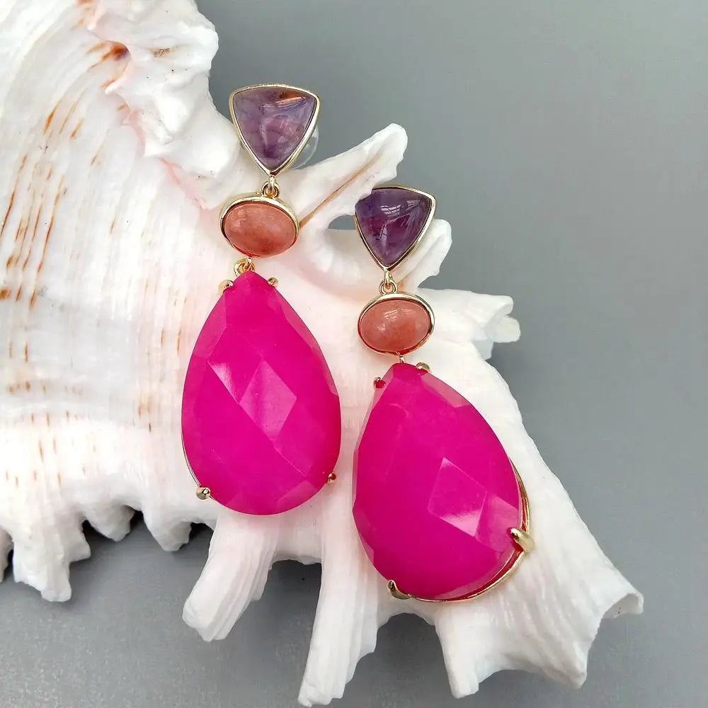 Fuchsia Jade Amethyst Red Aventurine Bezel Set Gemstone Dangle Earrings