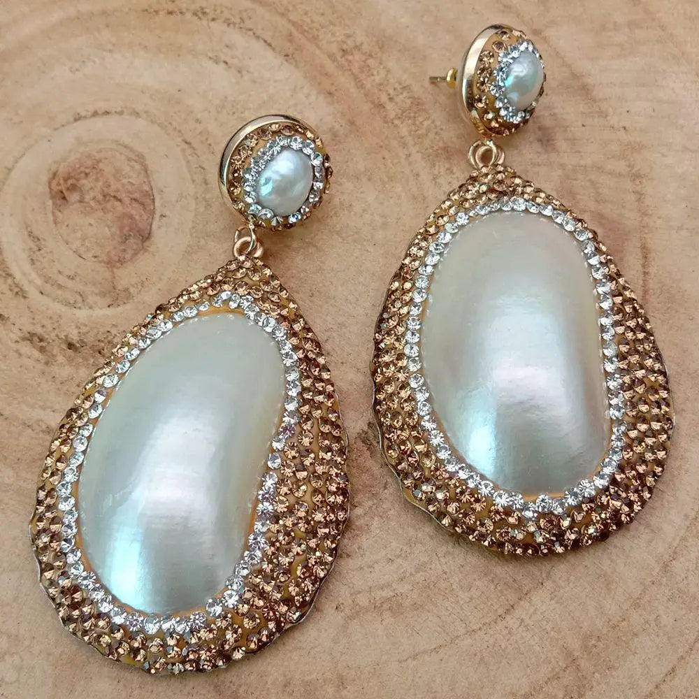 33x45MM White Mother Of Pearl Freshwater White Pearl Stud Earrings cz pave Women Fashion Jewelry Wedding Gift Wholesale