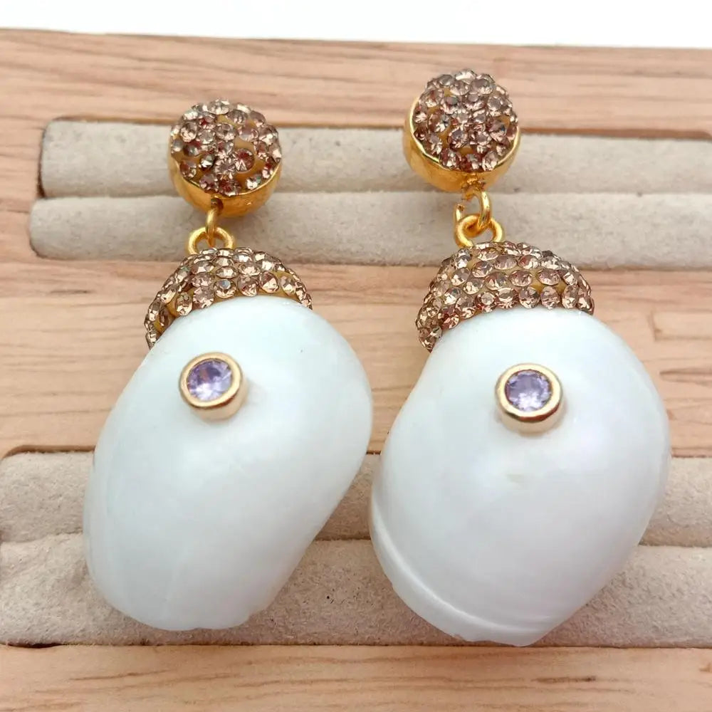 20x32MM Natural White Shell Lavender drop Cubic Zirconia  micro pave Stud Earrings cute style for women