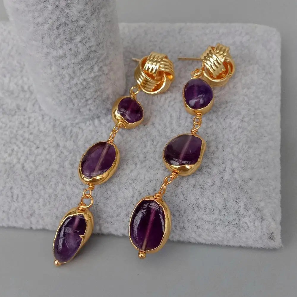 Natural Purple Amethyst Freeform With Electroplated Dangle Earrings