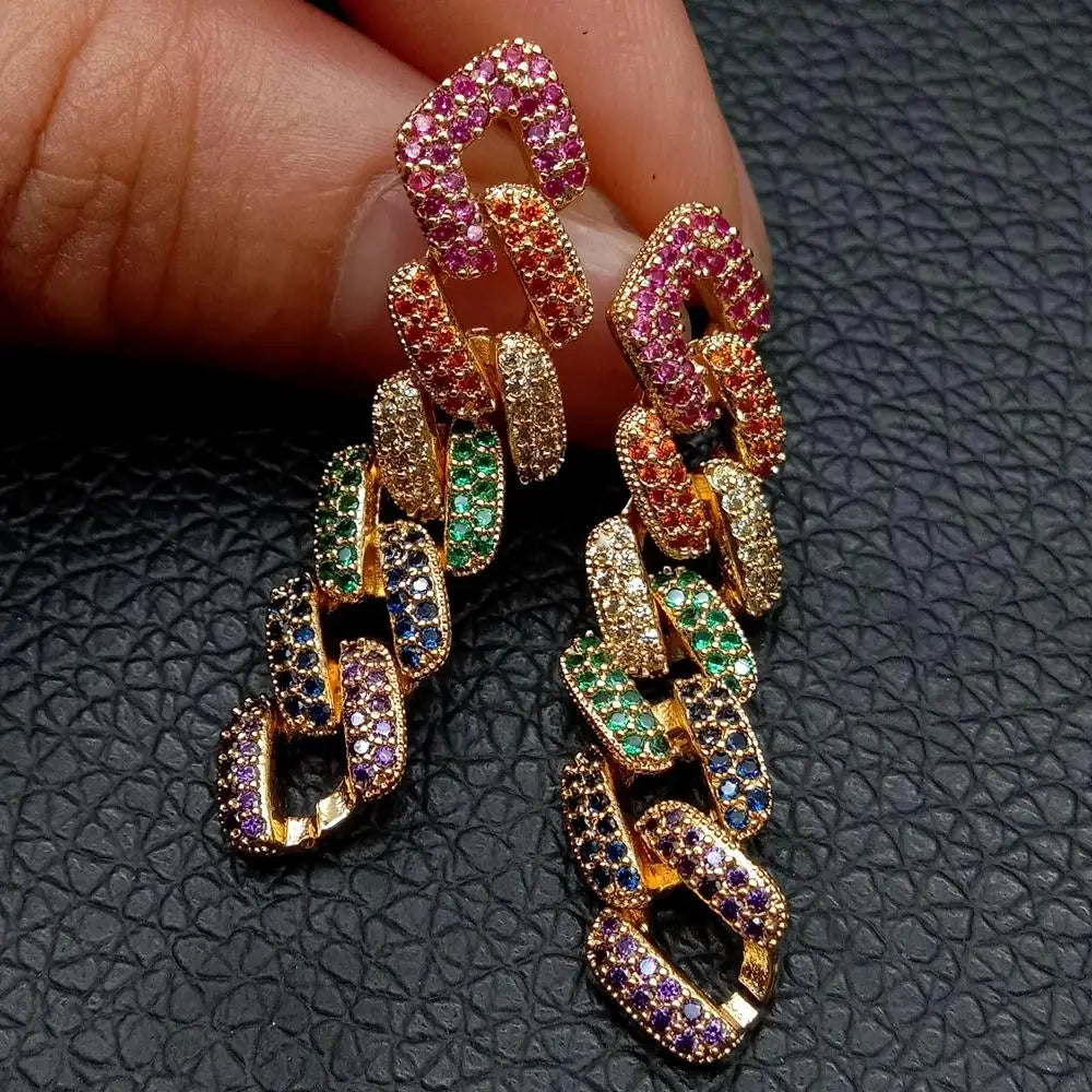 Multi Color Cubic Zirconia micro Pave square Chain Link Drop Stud Earrings  Gold Color plated luxury style for women