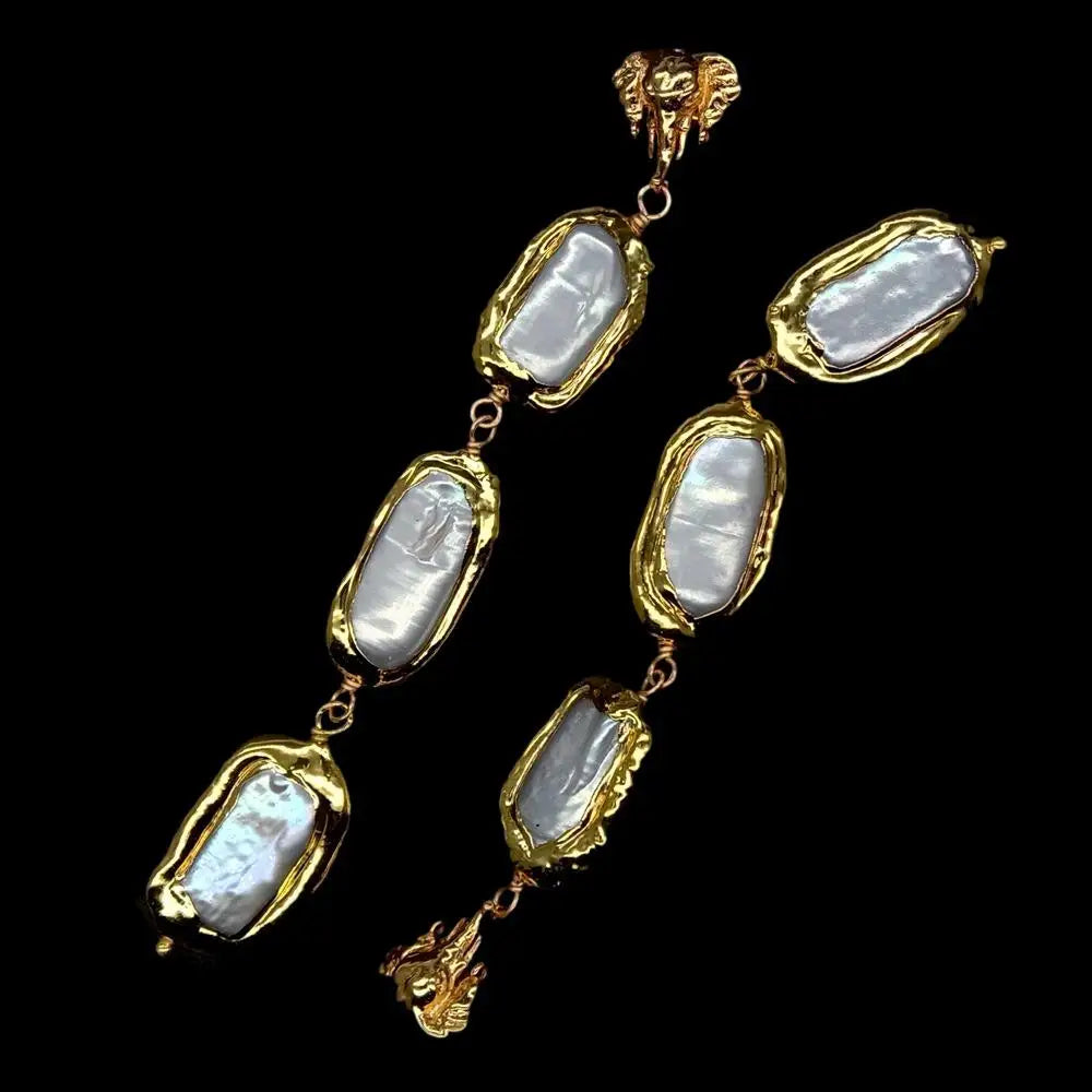 Cultured White Biwa Pearl With Electroplated Edge Dangle Stud Earrings