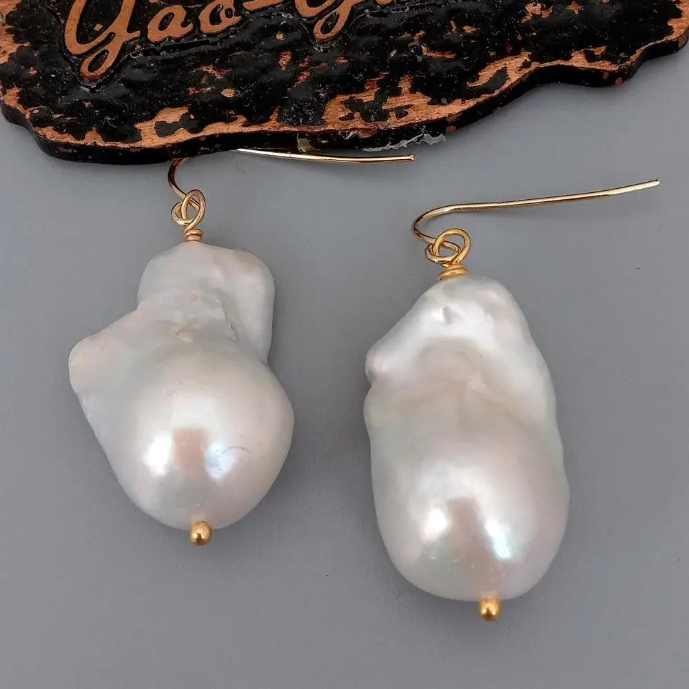 Cultured Freshwater White Baroque Keshi Pearl Dangle Hook Earrings