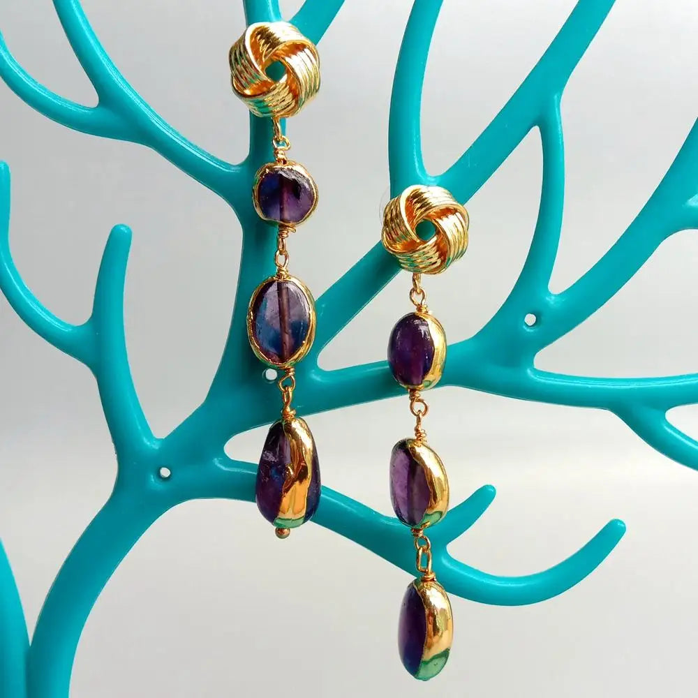 Natural Purple Amethyst Freeform With Electroplated Dangle Earrings