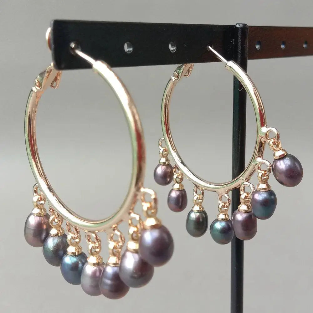 Freshwater Culture Black Rice Pearl Gold color Plated Hoop Earrings luxury jewelry women gift birthday