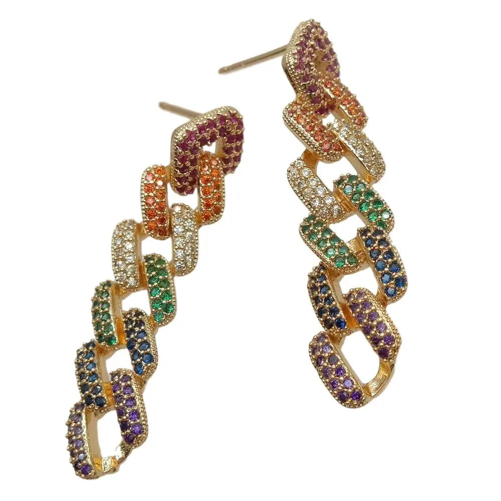 Multi Color Cubic Zirconia micro Pave square Chain Link Drop Stud Earrings  Gold Color plated luxury style for women