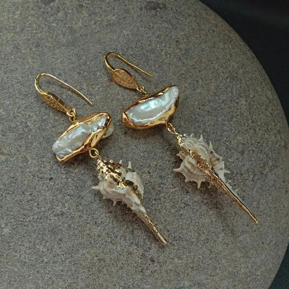 Yellow gold color Plated White Biwa Pearl Sea Snail shell drop dangle Earrings punk style for women