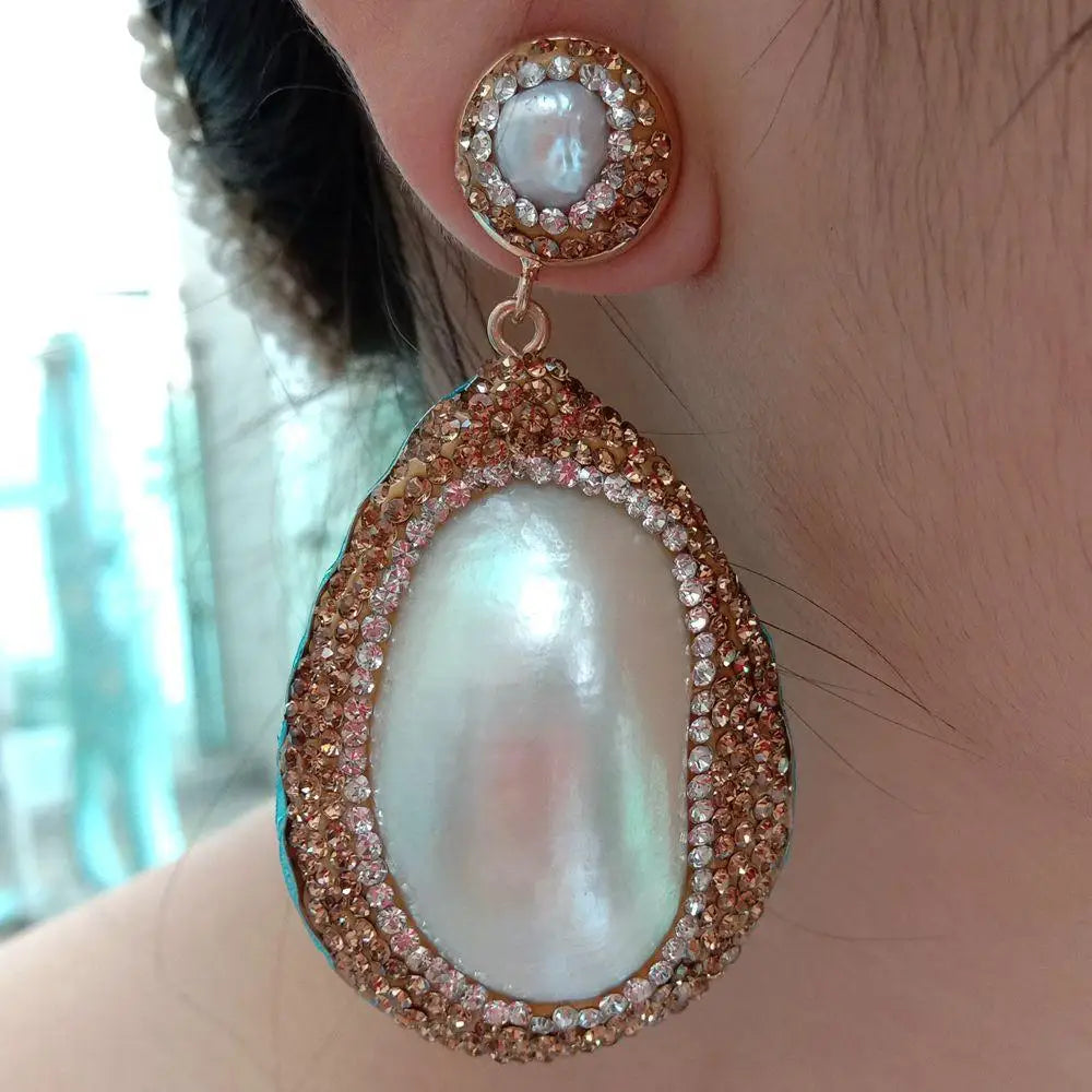 33x45MM White Mother Of Pearl Freshwater White Pearl Stud Earrings cz pave Women Fashion Jewelry Wedding Gift Wholesale
