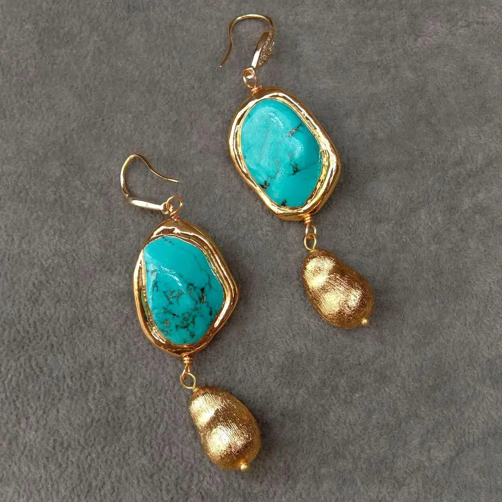 Blue Turquoise Freeform Shape Gold Plated Brushed Bead Dangle Hook Earrings