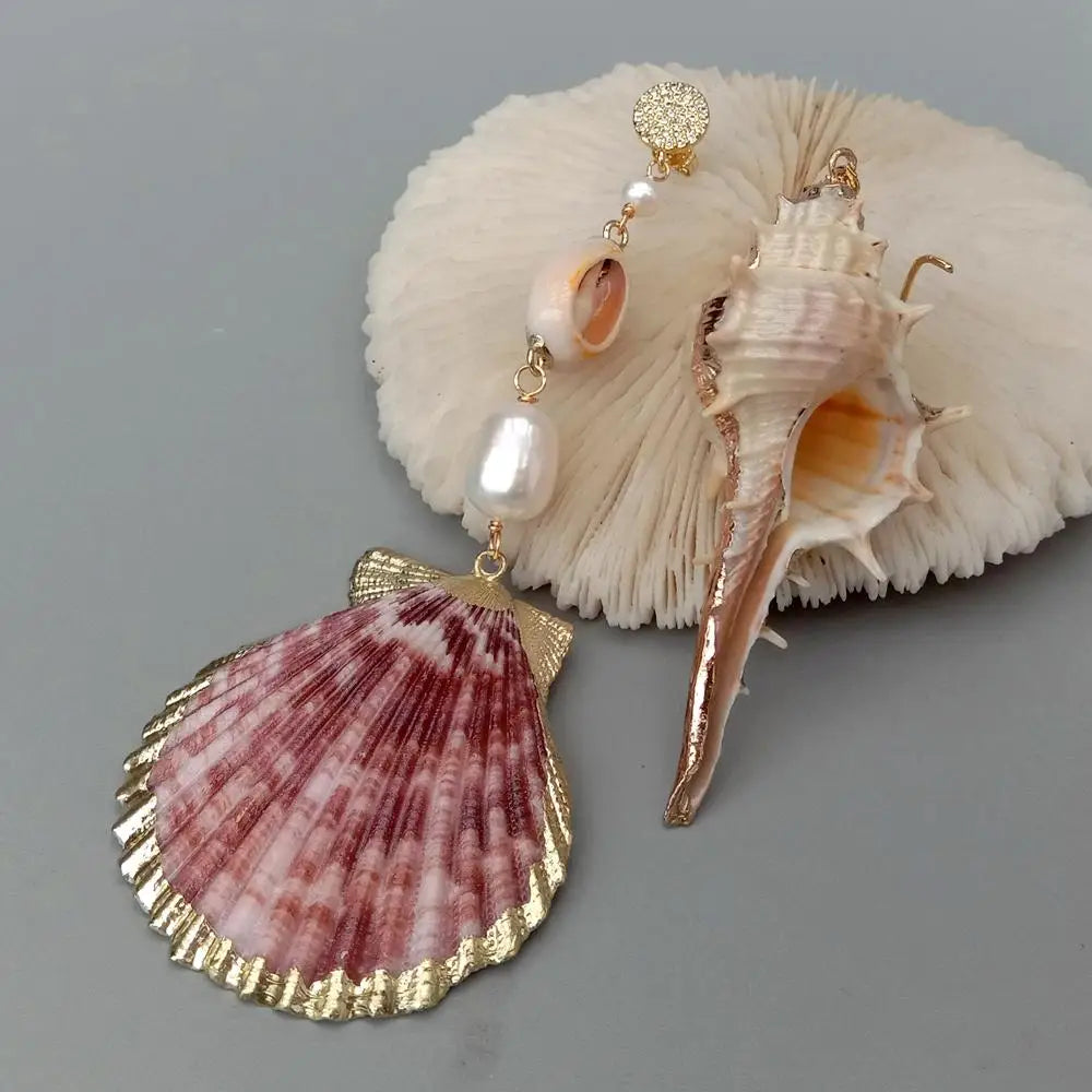 Natural Sea Shell White Rice Pearl Asymmetric Dangle Stud Earrings