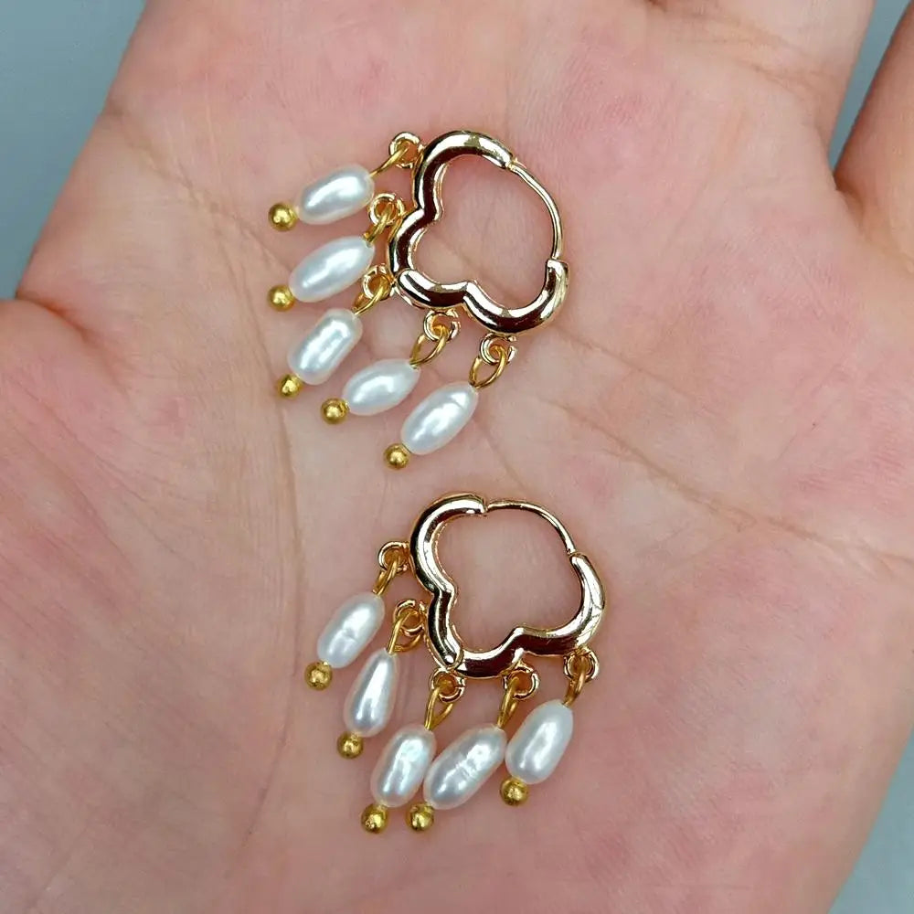 Natural Freshwater Cultured White Rice Pearl Cloud Gold plated  Hoop Earrings