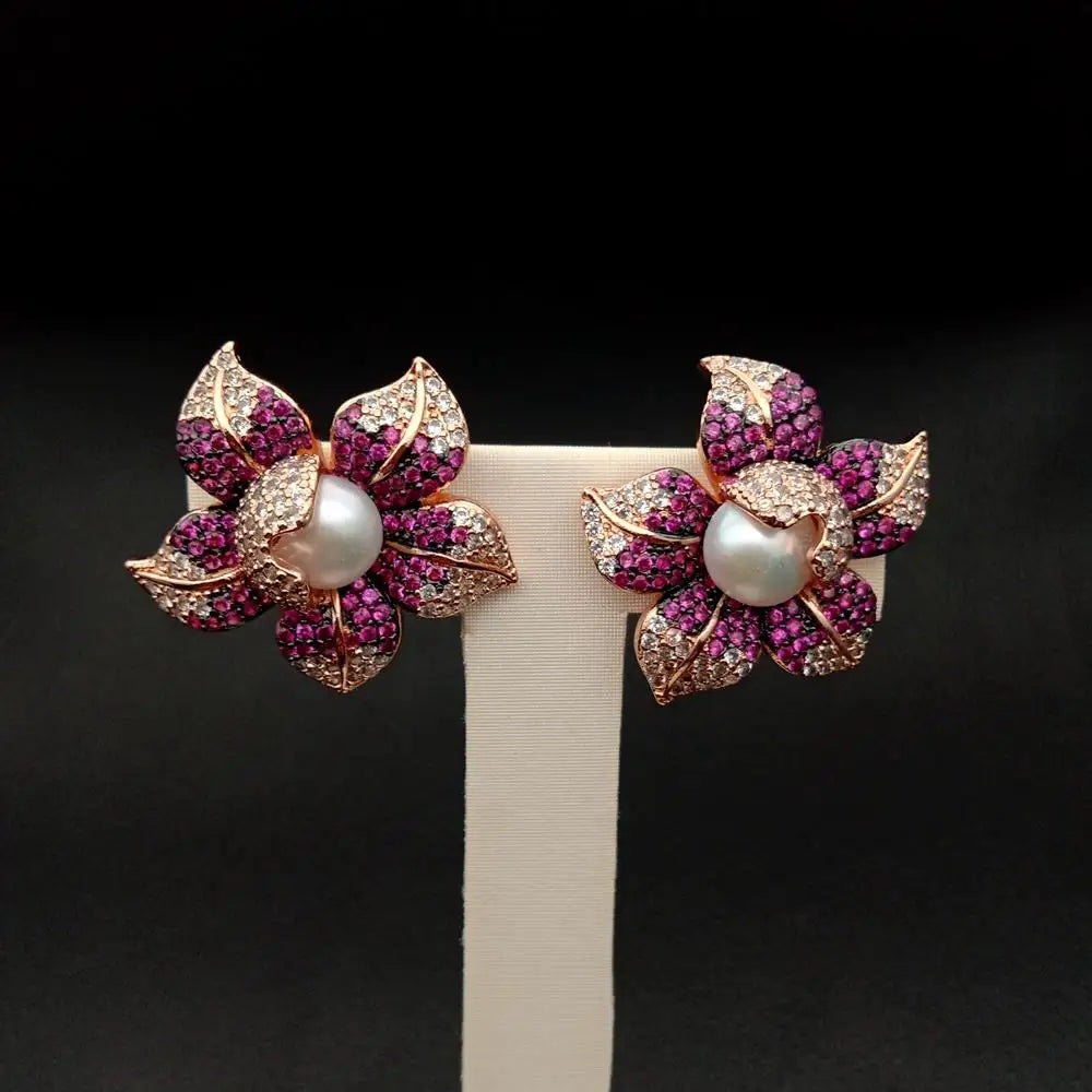 Cubic Zirconia micro Pave Pearl Earrings White freshwater Pearl Rose Gold  color Plated Cz Flower Stud Earrings cute for women