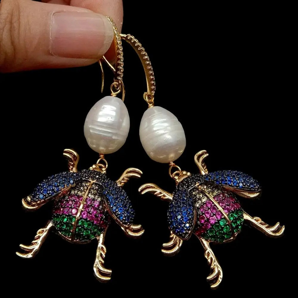 Natural Cultured White Rice freshwater Pearl Insect Cz Pave Hook Dangle Earrings  vintage style for women